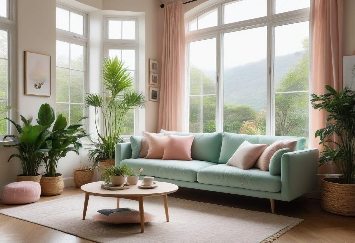 A serene living space featuring a cozy couch, minimalistic decor, and soft natural light streaming in through large windows. Scattered around are plants, books, and a cup of herbal tea, symbolizing relaxation and simplicity. Incorporate a touch of pastel colors to evoke a calm atmosphere. super-realistic. vibrant colors. cozy ambiance.
