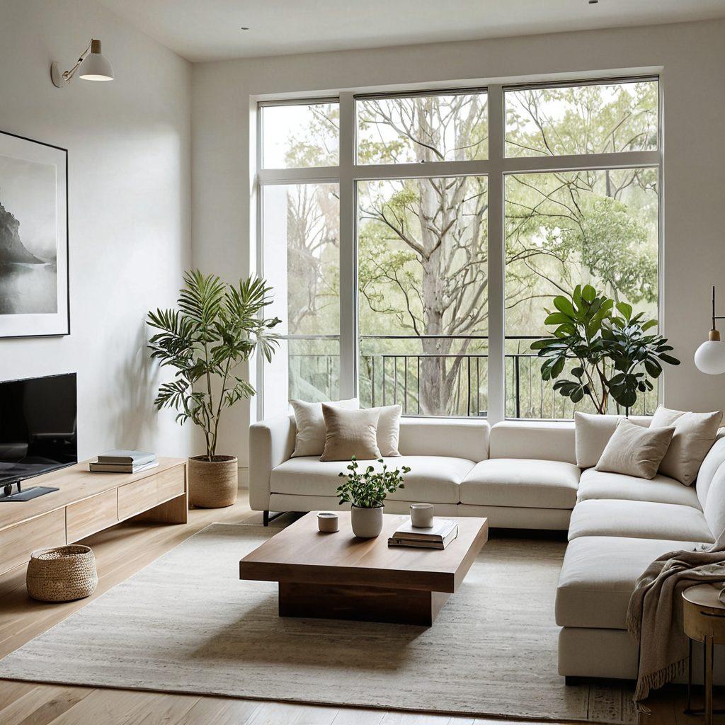 A serene, clutter-free room featuring minimalist furniture, soft neutral tones, and natural light streaming through large windows. Display layers of texture with a single indoor plant and a simple coffee table with a book on it. Emphasize harmony and simplicity, showing how minimalism is both practical and elegant. super-realistic. soft colors. bright ambiance.