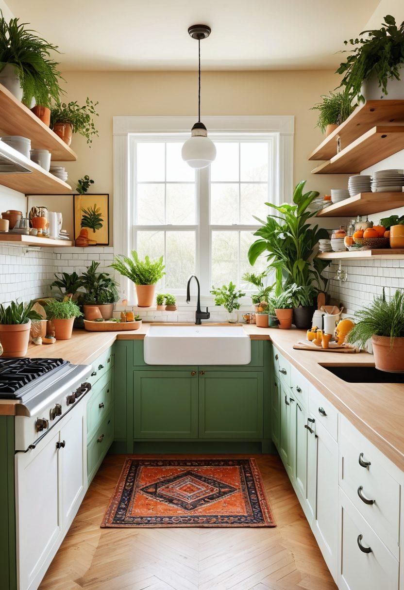 A bright and cheerful scene depicting a clutter-free kitchen with simple, innovative tools and hacks prominently displayed. Include warm colors, inviting plants, and a cozy atmosphere, showcasing everyday tasks made easier. Add a playful touch with illustrated tips floating around, like a recipe book and organized drawers. super-realistic. vibrant colors. modern style.